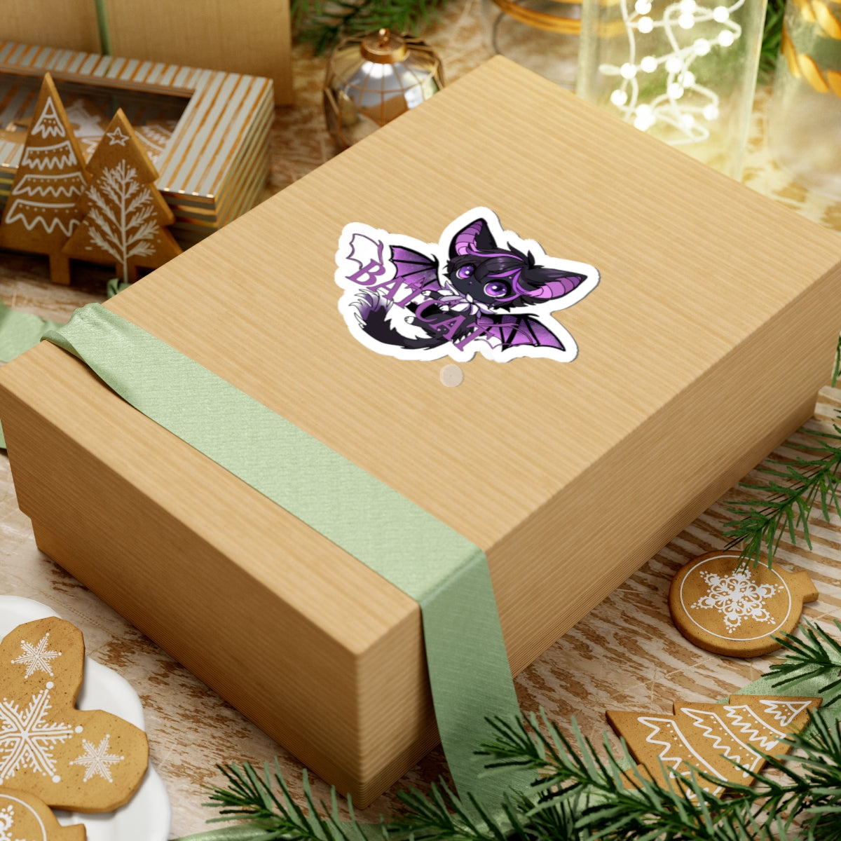 Purple bat-cat holding logo Sticker