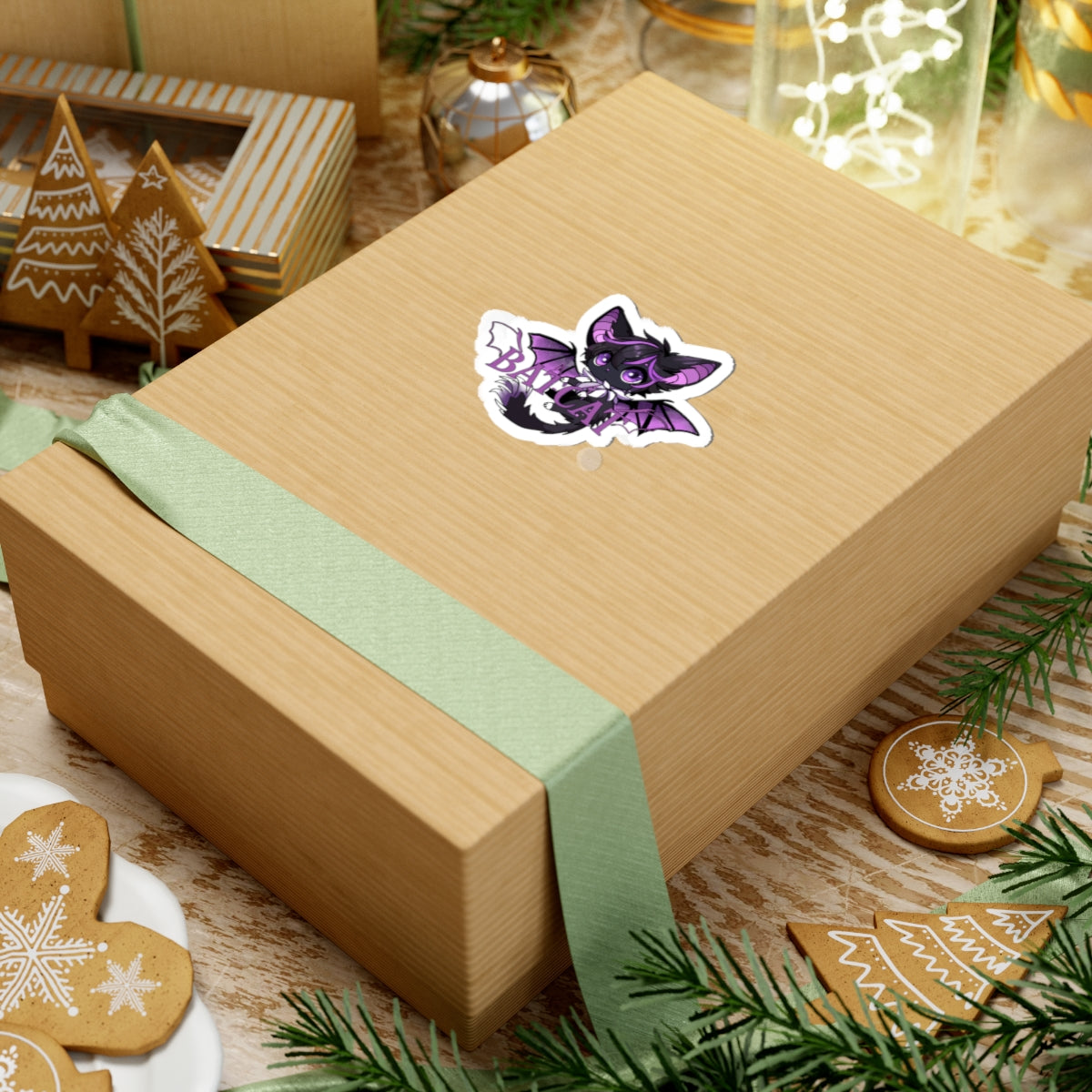 Purple bat-cat holding logo Sticker